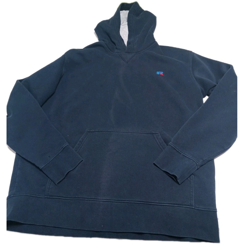 Russell Athletic Hoodie Mens L Navy Blue Pullover Sweatshirt Small Logo Distress